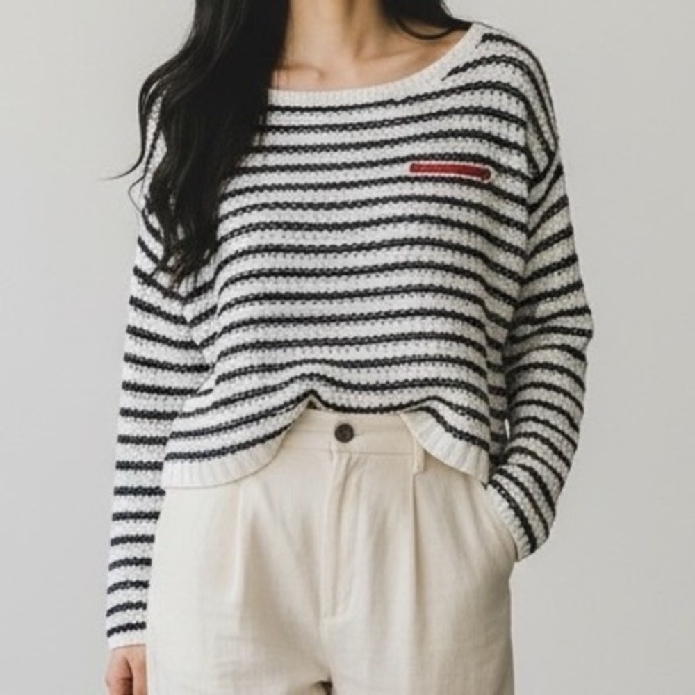 Vintage Tommy Hilfiger Nautical Stripe Navy Cream Boat Neck Sweater Zip Pocket M